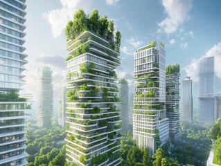 Professional blueprint of a futuristic vertical eco-city with green terraces and mixed-use towers designed for urban sustainability.