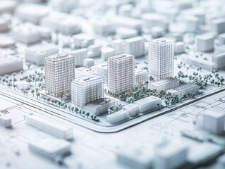 Architectural scale model of a smart eco-district surrounded by blueprint sketches, showcasing energy-efficient urban planning.