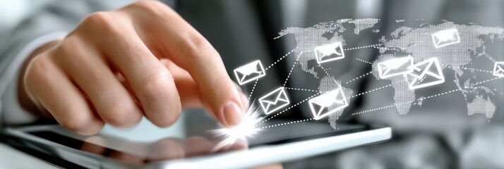 Modern digital communication technology concept with a hand using a smartphone and floating email icons over a world map background