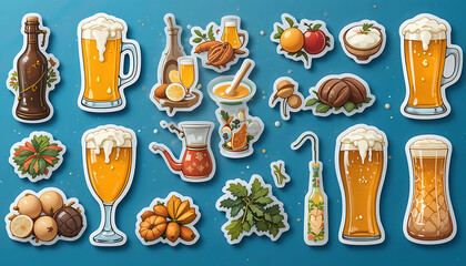 A collection of vibrant, sticker-style illustrations on a deep blue background.  The stickers depict various ingredients and beverages associated with beer brewing and enjoyment.  Specifically, there 