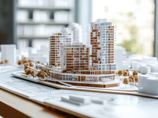 Architectural scale model of a smart eco-district surrounded by blueprint sketches, showcasing energy-efficient urban planning.