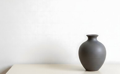 Vase en céramique sombre sur table claire avec grand espace négatif