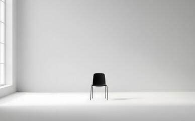 Chaise noire solitaire dans une pièce blanche minimaliste