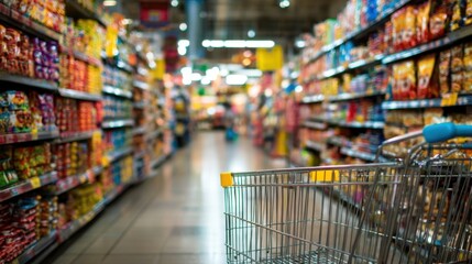 A bustling grocery store interior showcasing neatly arranged shelves stocked with eyecatching packaged items. A shopping cart rolls down the aisle capturing the essence of a busy shopping