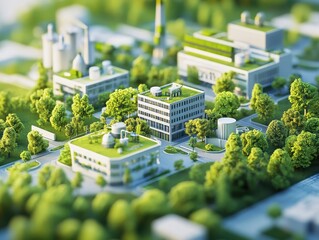 Eco-industrial park visualization with energy-efficient offices and green factories, presented over urban blueprint layout.