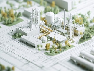 Eco-industrial park visualization with energy-efficient offices and green factories, presented over urban blueprint layout.