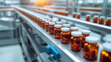 High-tech conveyor belt sorting pharmaceutical bottles in an automated warehouse. Efficient logistics in a clean, industrial setting.