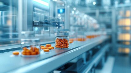 Automated prescription pill dispenser operating in a modern, sterile pharmacy environment. Futuristic medical technology in action.