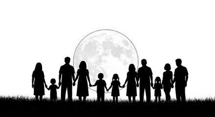 Large Family Silhouette Holding Hands Against Full Moon | Unity and Connection Concept for Generational Stories, Ancestry Research, and Community Initiatives