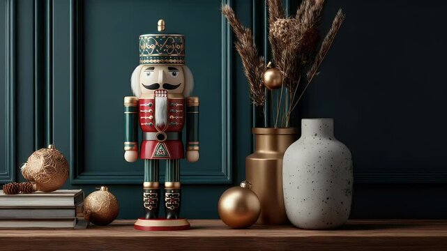 Nutcracker figurine decorated in warm holiday tones