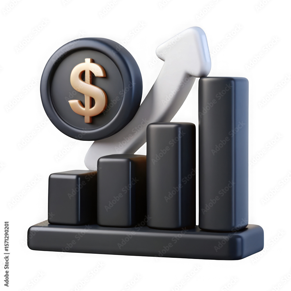 Poster 3d rendered bar chart with dollar coin and upward arrow isolated on white background