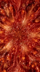 A close up view of a red fruit interior with visible seeds and fleshy texture in detailed macro shot