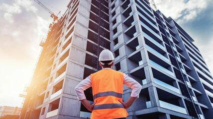Construction Worker in Hard Hat and Safety Vest Overseeing a Building Site
