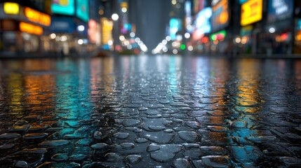 Night lights illuminate city streets urban scene with reflections on wet pavement neon glow vibrant environment