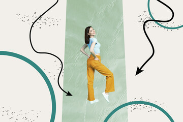 Image poster art trend collage of inexperienced businessman businesswoman stand arrow regress...