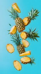 Fototapeta premium Pineapple slices in mid-air against a vibrant blue background.