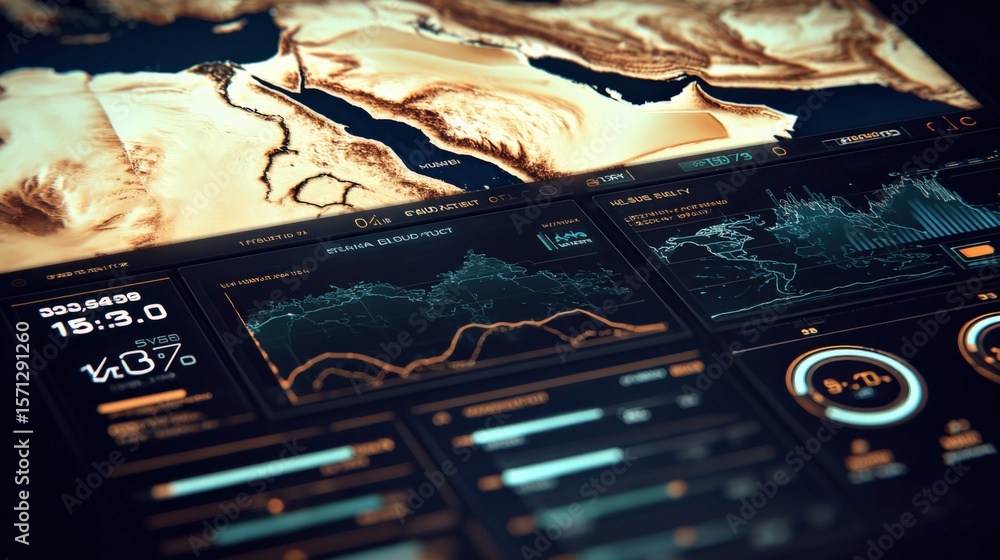Poster high-tech digital financial trading screens displaying stock market graphs data and financial analyt
