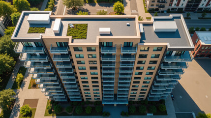 Modern apartment building with green rooftop urban architecture residential complex balconies sunny day cityscape