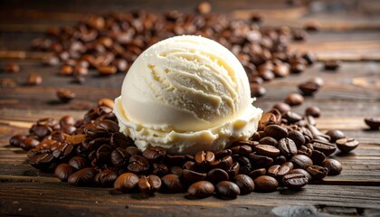 Perfectly Rounded Scoop of Melting Creamy Ice Cream Surrounded by Scattered Roasted Coffee Beans on a Rustic Wooden Surface, Capturing Warm Tones and Cozy, Artisanal Dessert Vibes