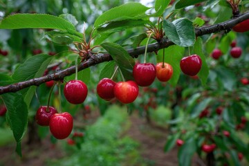 Obraz premium Summer orchard branches with sweet red cherries