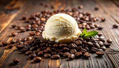Perfectly Rounded Scoop of Melting Creamy Ice Cream Surrounded by Scattered Roasted Coffee Beans on a Rustic Wooden Surface, Capturing Warm Tones and Cozy, Artisanal Dessert Vibes