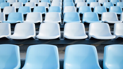 Fototapeta premium Empty stadium seats create serene atmosphere, showcasing modern design with blue and white colors