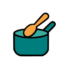 Colorful Kitchen Utensil Icon Featuring Deep Saucepan with Matching Lid and Bright Wooden Spoon