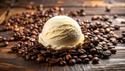 Perfectly Rounded Scoop of Melting Creamy Ice Cream Surrounded by Scattered Roasted Coffee Beans on a Rustic Wooden Surface, Capturing Warm Tones and Cozy, Artisanal Dessert Vibes