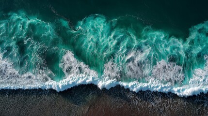 Aerial View of Ocean Waves with White Foam on Dark Water Background

