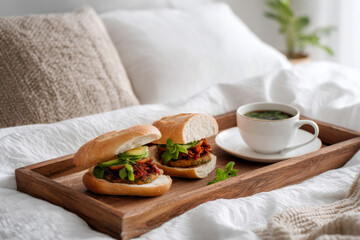 Enjoy a hearty breakfast with a vibrant mega sandwich packed with fresh ingredients, accompanied by a cup of coffee, all beautifully presented in bed