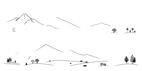 A collection of minimalist black and white landscape icons, perfect for websites or apps,  set,  simple