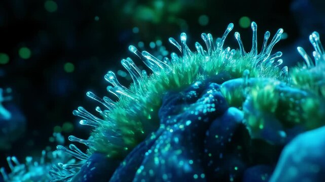 Blue Fluorescent Microscopic Life Pulsing with Technological Glow