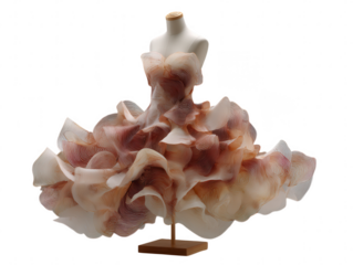Elegant ruffled gown isolated on transparent background stands on display