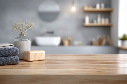 Table surface with blurred bathroom backdrop
