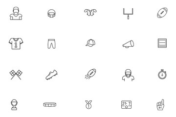 American football line icon set, simple outline symbols of game equipment and players, vector icons collection