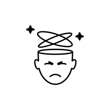 Stylized line art icon of a dizzy person with swirling lines and stars