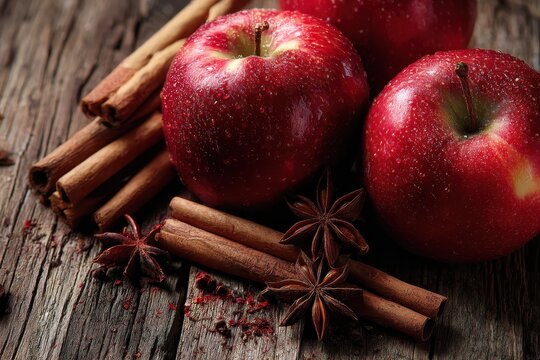 Cinnamon spiced apples on a rustic wood surface Aromatic red apples with cinnamon and star anise Sliced apples with spices Area for text Empty space Harvest Produce