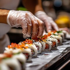 The Art of Sushi: Detailed Close-Up of a Chef Skillfully Assembling a Gourmet Roll, sushi on the table