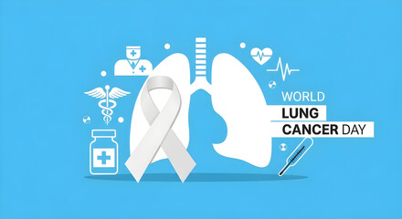 World Lung Cancer Day Medical Illustration &ndash; Lungs, White Ribbon, and Healthcare Symbols