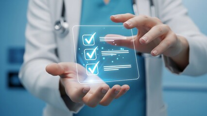 Doctor with Checklist Hologram: Digital Healthcare and Medical Data