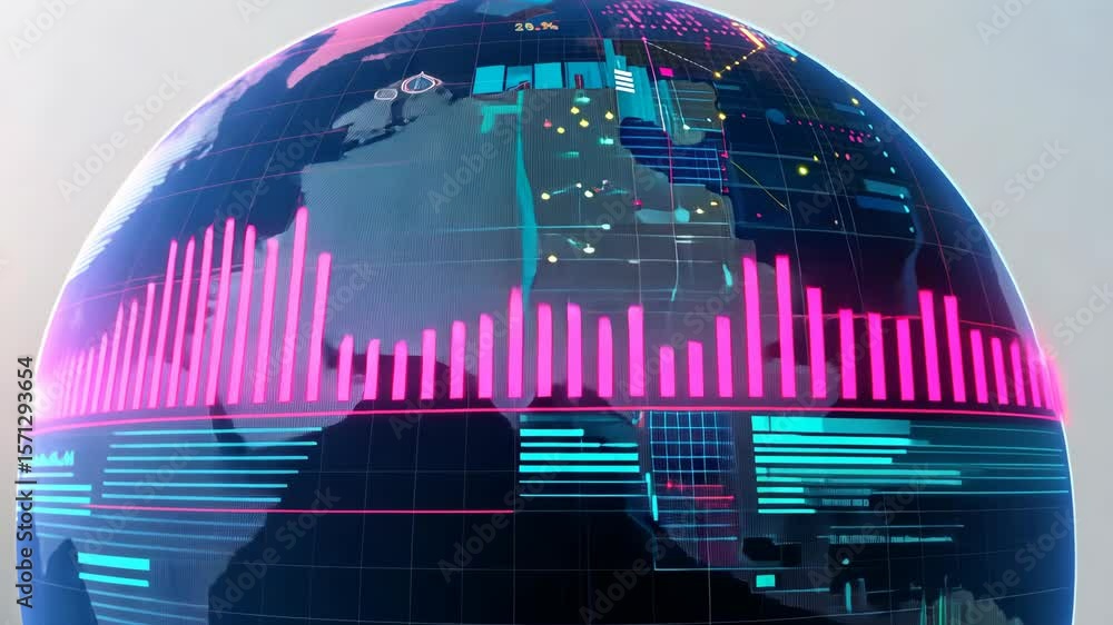 Poster digital globe adorned with bar and line charts