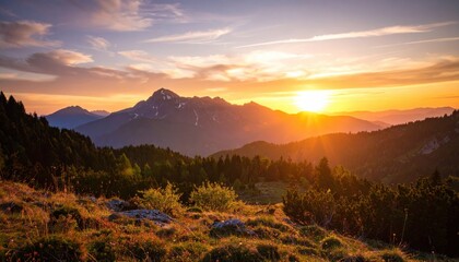 An enchanting mountain landscape unfolds with a vibrant sky at either sunrise or sunset, revealing a panoramic view of nature's beauty across forests, valleys, and meadows