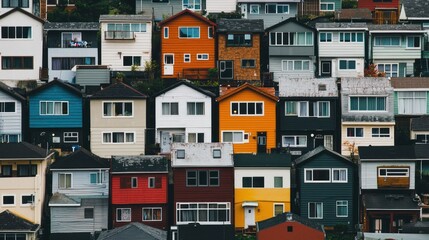 A vibrant collection of colorful houses on a hillside, with a mix of architectural styles and vibrant colors.