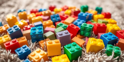 Fototapeta premium Close-up of colorful building blocks scattered on a plush rug, blue, play area