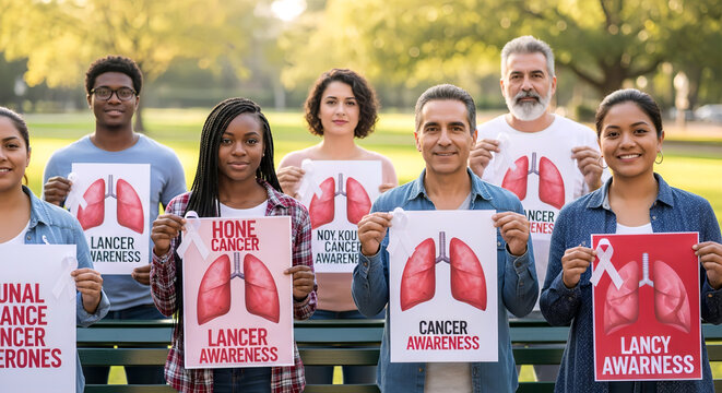 Diverse Group of People Holding Lung Cancer Awareness Posters on World Lung Cancer Day