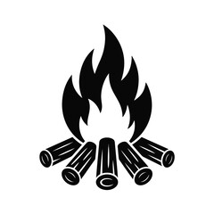 Simple black and white icon of a campfire with burning logs and flames