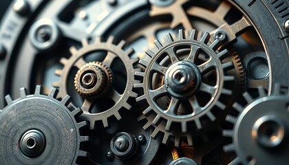 Close-up of intricate clockwork gears, metallic sheen, steampunk aesthetic,  fiction,  texture