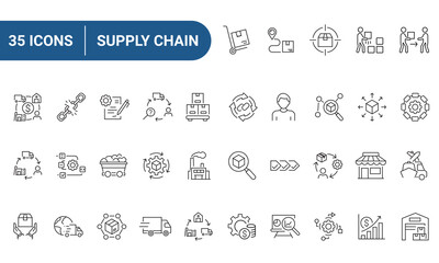 Supply chain line icon set. Includes supply chain, value chain, logistic, delivery, manufacturing, commerce. Editable stroke. Vector illustration