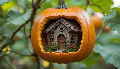 a wooden house inside a pumpkin 4k pc wallpaper