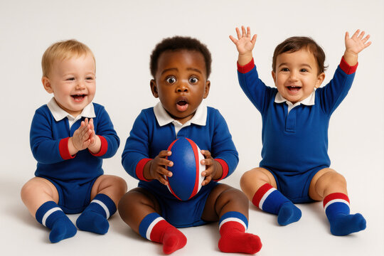 Three diverse toddlers in matching blue rugby uniforms playing with a rugby ball indoors. Representation of childhood sports, diversity, and teamwork.